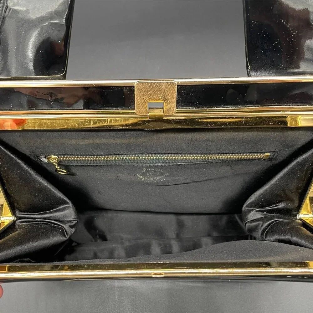 Vintage Black Patent Leather Handbag Gold Tone Memphis Cotton Carnival 1965 Card - Picture 4 of 10